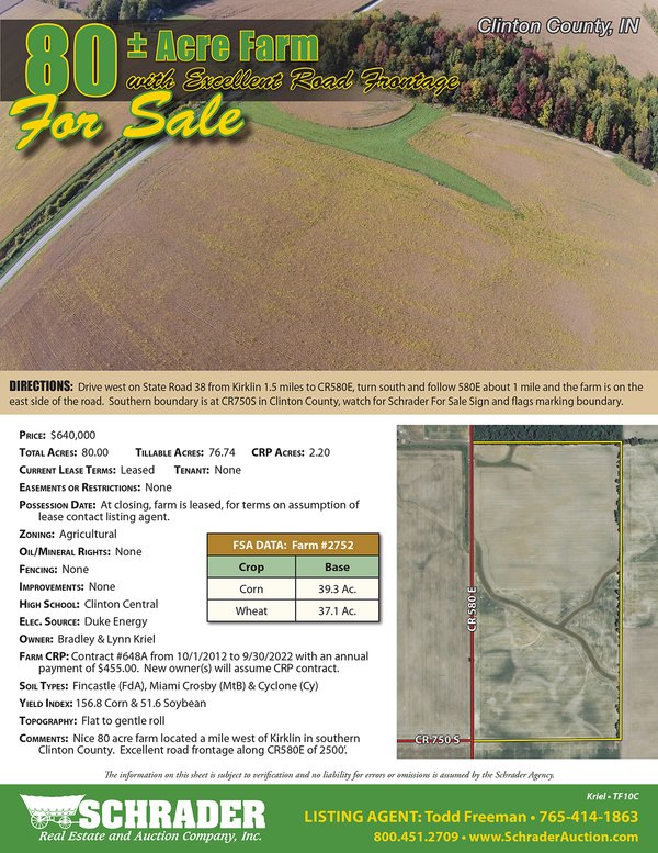 Listing brochure cover - 80 Acre Clinton County Indiana Farm - Near Kirklin