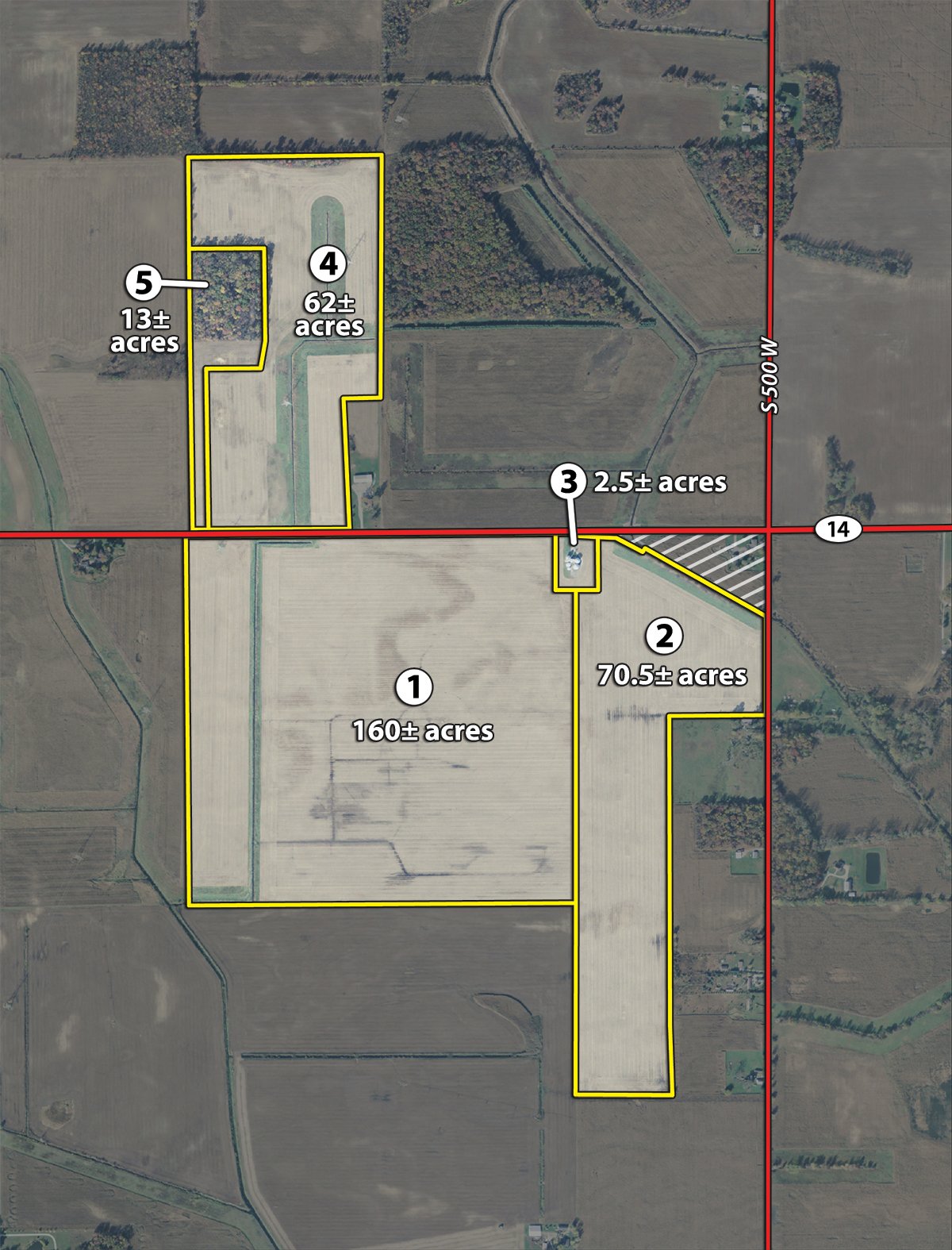 Tract map - LAND AUCTION - 307.75+/- ACRES OFFERED IN 5 TRACTS IN PULASKI COUNTY, INDIANA
