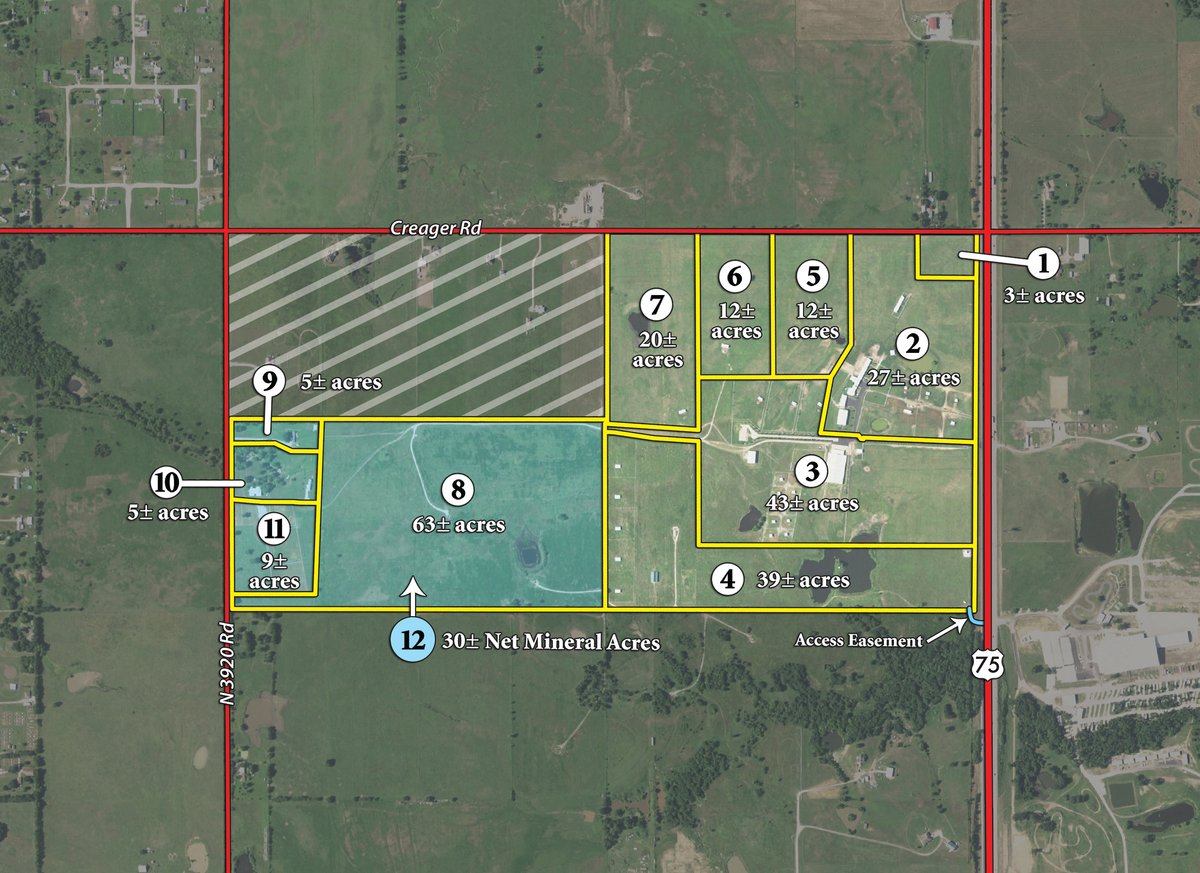 Tract map - LAND, MINERAL & PERSONAL PROPERTY AUCTION - 236+/- OFFERED IN 12 TRACTS IN OKMULGEE CO, OKLAHOMA