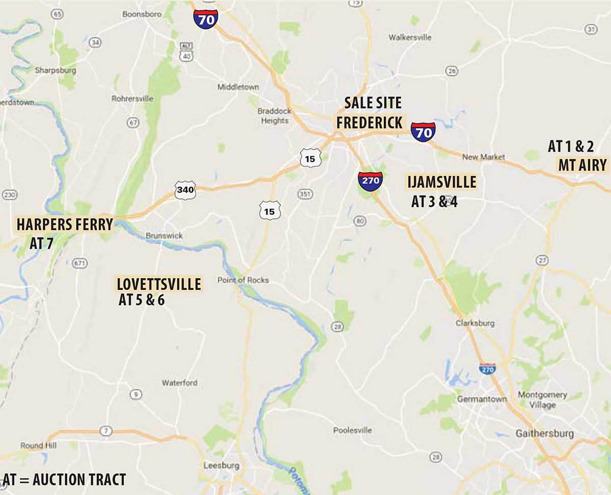 Area map - ABSOLUTE REAL ESTATE AUCTION - 222.5+/- ACRES OFFERED IN 7 TRACTS IN FREDERICK CO., MD, LOUDOUN CO., VA & JEFFERSON CO., WV