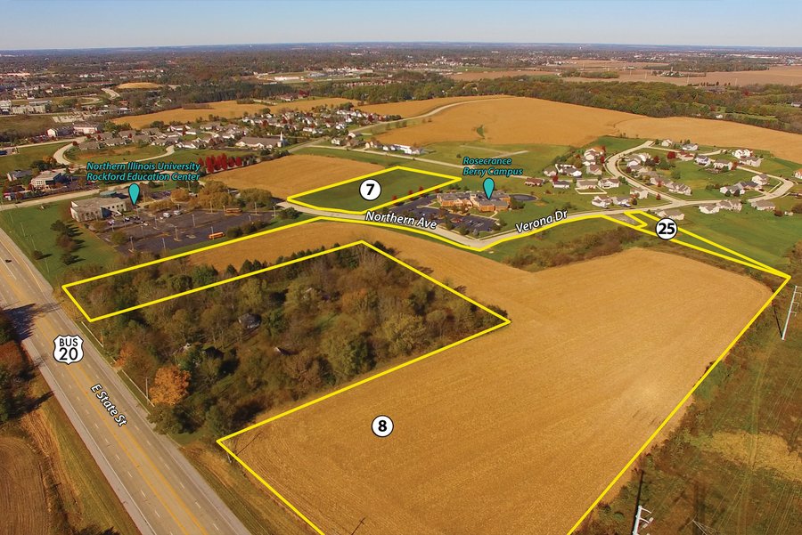 ABSOLUTE REAL ESTATE AUCTION - 64.59+/- ACRES OFFERED IN 25 TRACTS IN ROCKFORD, WINNEBAGO COUNTY, ILLINOIS. - 7 Commercial Lots - 16 Residential Lots - 43.9+/- Acres of Unplatted Land (2 Tracts)