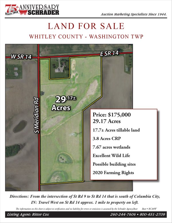 Listing brochure cover - LAND FOR SALE - 29.17 ACRES IN WHITLEY COUNTY - WASHINGTON TOWNSHIP