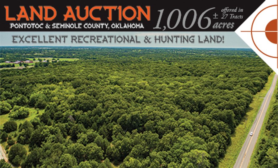 LAND AUCTION - 1,006+/- ACRES OFFERED IN 27 TRACTS IN PONTOTOC & SEMINOLE COUNTIES, OKLAHOMA