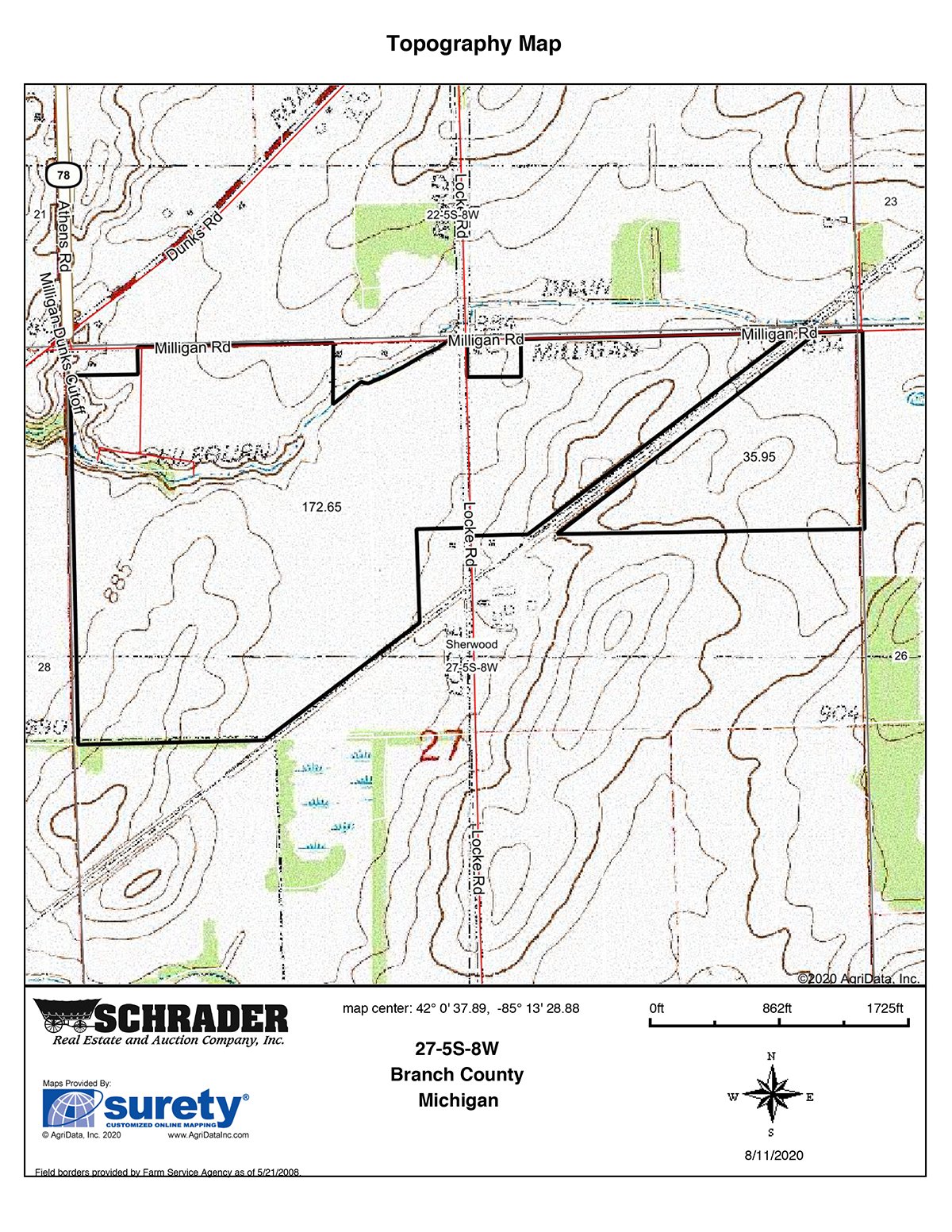Topography Map - VIRTUAL LAND AUCTION - 205.5+/- ACRES OFFERED IN 2 TRACTS AND 2 EQUIPMENT TRACTS IN BRANCH COUNTY, MICHIGAN
