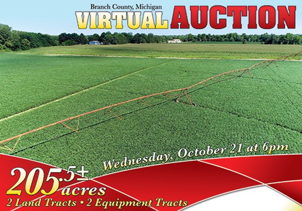 VIRTUAL LAND AUCTION - 205.5+/- ACRES OFFERED IN 2 TRACTS AND 2 EQUIPMENT TRACTS IN BRANCH COUNTY, MICHIGAN