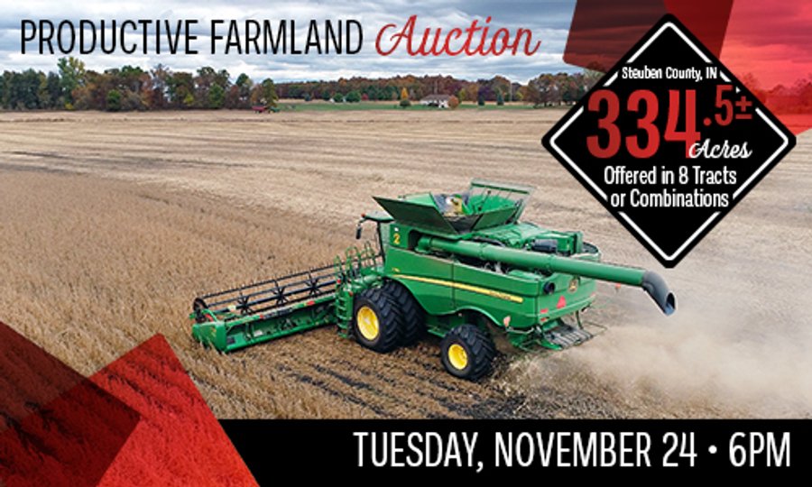 PRODUCTIVE FARMLAND AUCTION - 334.5+/- ACRES OFFERED IN 8 TRACTS OR COMBINATIONS IN STEUBEN COUNTY, INDIANA