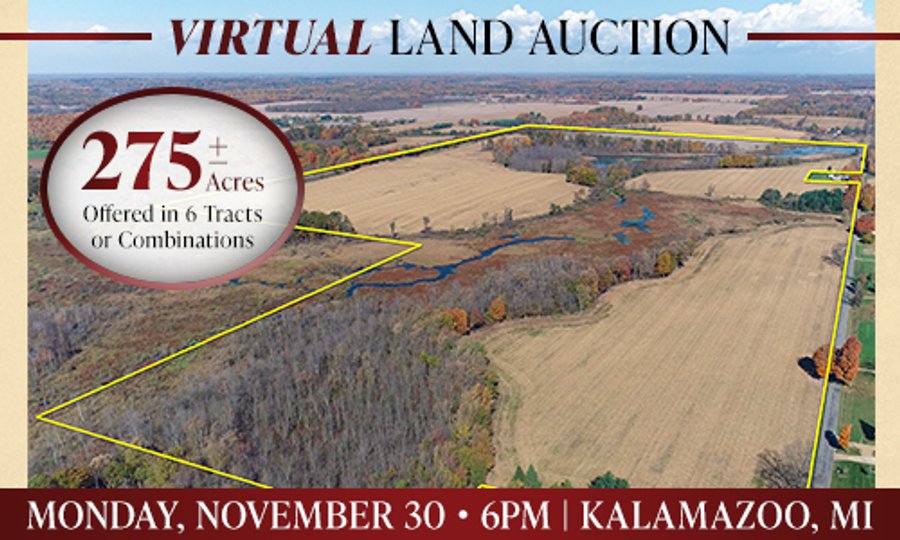 VIRTUAL LAND AUCTION - 275+/- ACRES OFFERED IN 6 TRACTS OR COMBINATIONS IN KALAMAZOO COUNTY, MICHIGAN