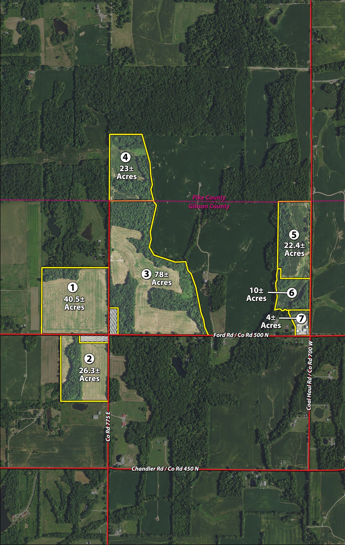 Tract map - AUCTION IS CANCELED!!
ABSOLUTE LAND AUCTION WITHOUT RESERVE - 204+/- ACRES OFFERED IN 7 TRACTS IN GIBSON & PIKE COUNTIES, INDIANA