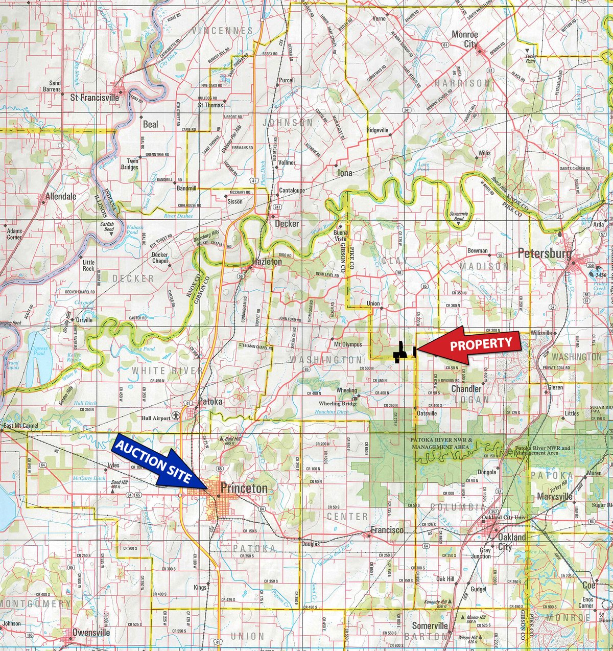 Area map - AUCTION IS CANCELED!!
ABSOLUTE LAND AUCTION WITHOUT RESERVE - 204+/- ACRES OFFERED IN 7 TRACTS IN GIBSON & PIKE COUNTIES, INDIANA