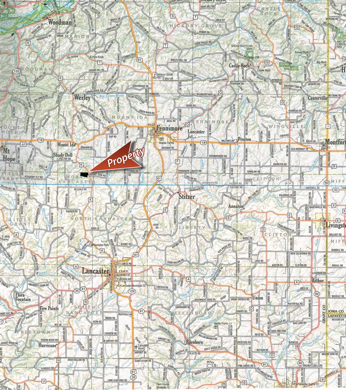 Area map - LAND FOR SALE - GRANT COUNTY, WI - 99 ACRES - EXCELLENT ALL-AROUND PROPERTY FOR HUNTING AND FARMING - OFFER PENDING