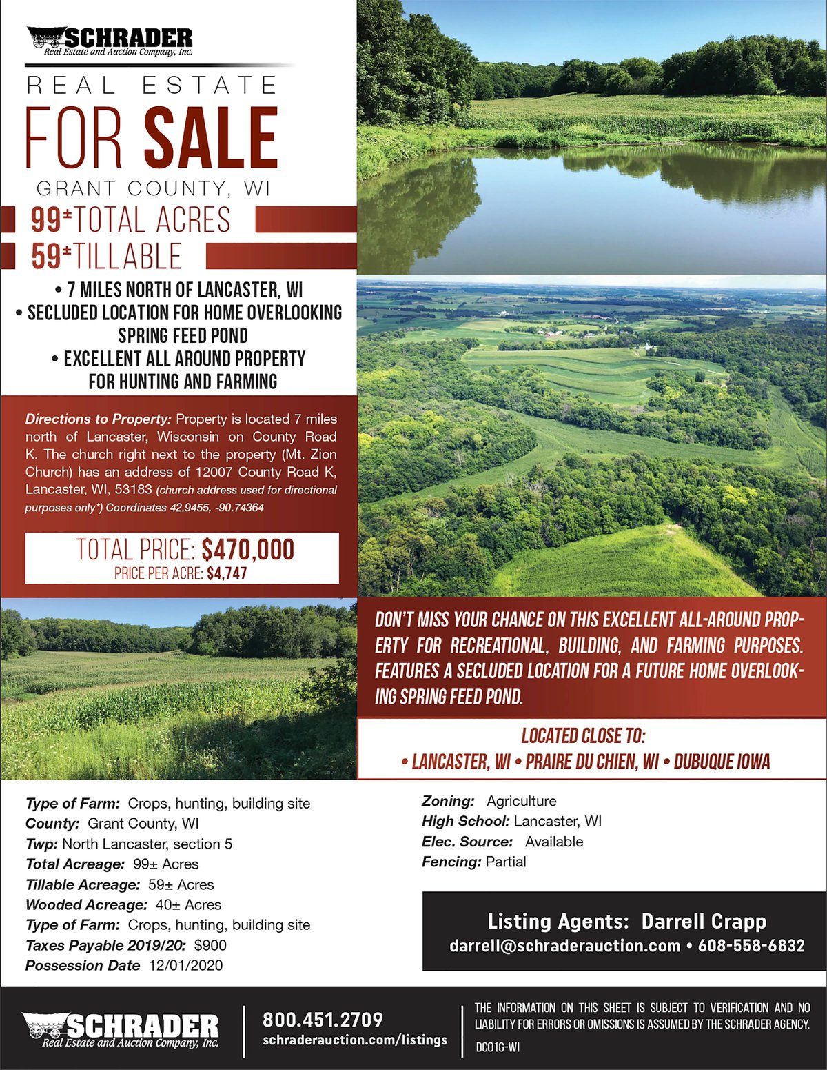Listing brochure cover - LAND FOR SALE - GRANT COUNTY, WI - 99 ACRES - EXCELLENT ALL-AROUND PROPERTY FOR HUNTING AND FARMING - OFFER PENDING