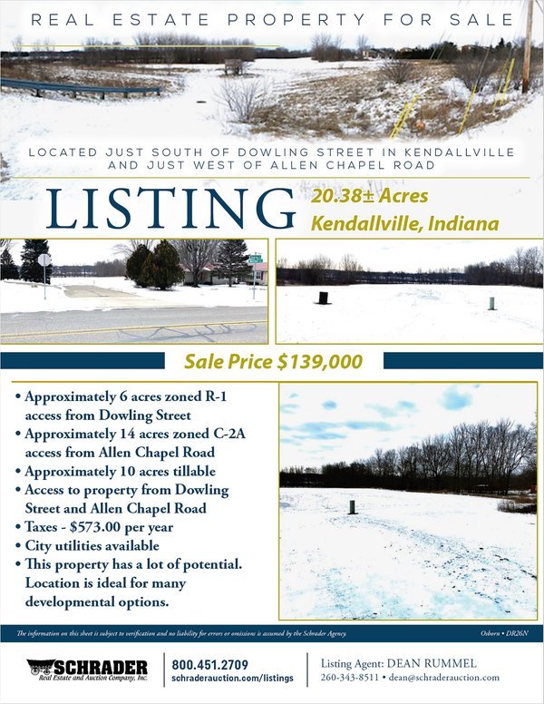 Listing brochure cover - REAL ESTATE FOR SALE - 20.38 ACRES IN KENDALLVILLE, IN