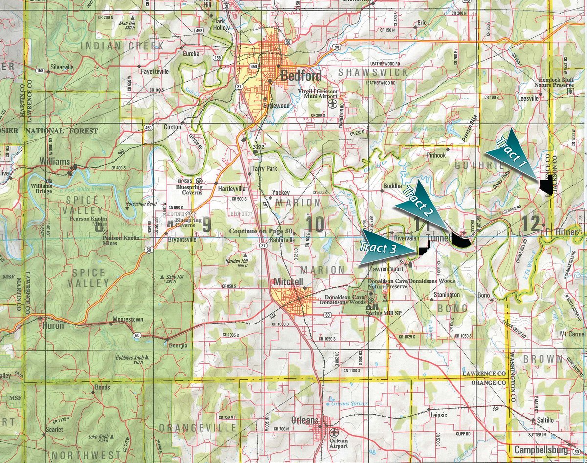 Area map - LAND FOR SALE - LAWRENCE COUNTY, IN - 470+/-  ACRE ESSENTIAL ALL AROUND FARM IN THREE TRACTS - OFFER PENDING ON TRACTS 2 & 3