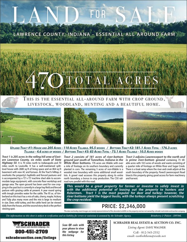Listing brochure cover - LAND FOR SALE - LAWRENCE COUNTY, IN - 470+/-  ACRE ESSENTIAL ALL AROUND FARM IN THREE TRACTS - OFFER PENDING ON TRACTS 2 & 3