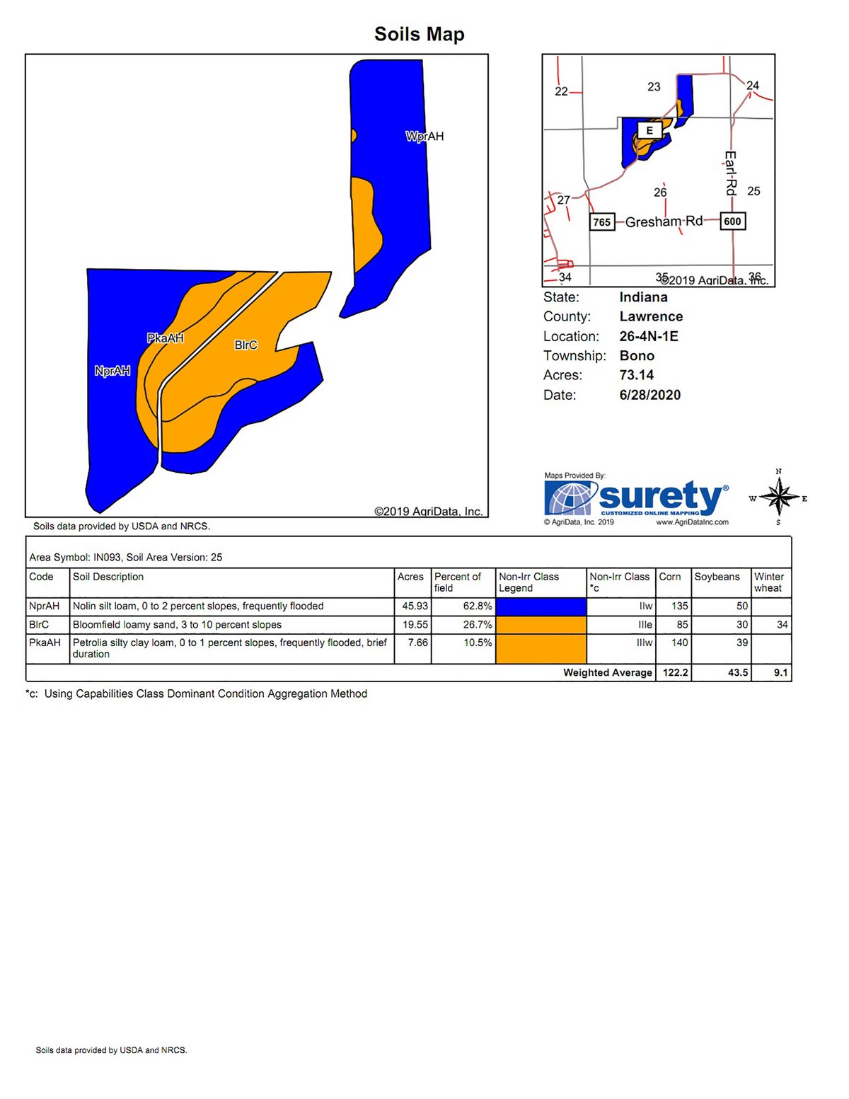 Soil map - LAND FOR SALE - LAWRENCE COUNTY, IN - 470+/-  ACRE ESSENTIAL ALL AROUND FARM IN THREE TRACTS - OFFER PENDING ON TRACTS 2 & 3