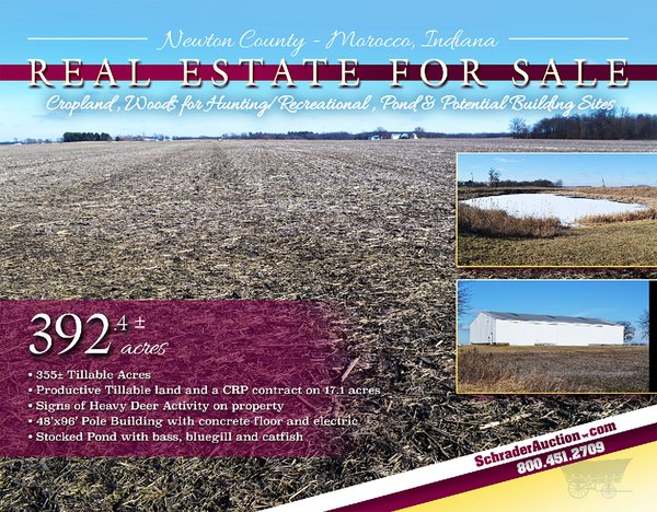 Listing brochure cover - REAL ESTATE FOR SALE - 392.4+/- ACRES - CROPLAND, WOODS FOR HUNTING/RECREATIONAL, POND & POTENTIAL BUILDING SITES