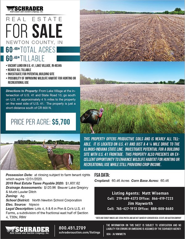 Listing brochure cover - LAND FOR SALE - NEWTON COUNTY - 60.48+/- ACRES OF VACANT LAND ON U.S. 41, LAKE VILLAGE, IN 46349 