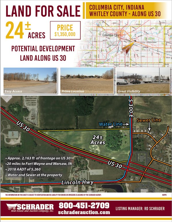 Listing brochure cover - POTENTIAL DEVELOPMENT LAND ALONG US 30 FOR SALE - 24+/- ACRES IN COLUMBIA CITY, IN