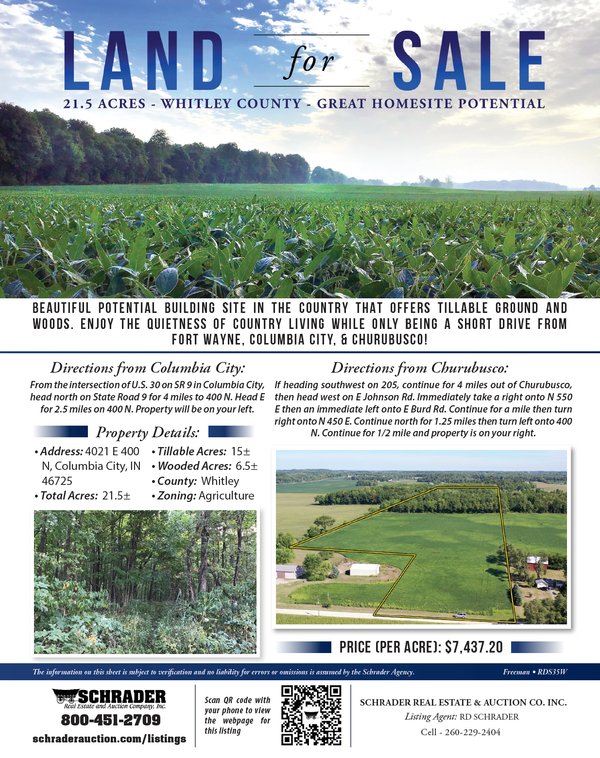 Listing brochure cover - LAND FOR SALE - 21.5 ACRES (OFFER PENDING) - WHITLEY COUNTY - GREAT HOMESITE POTENTIAL