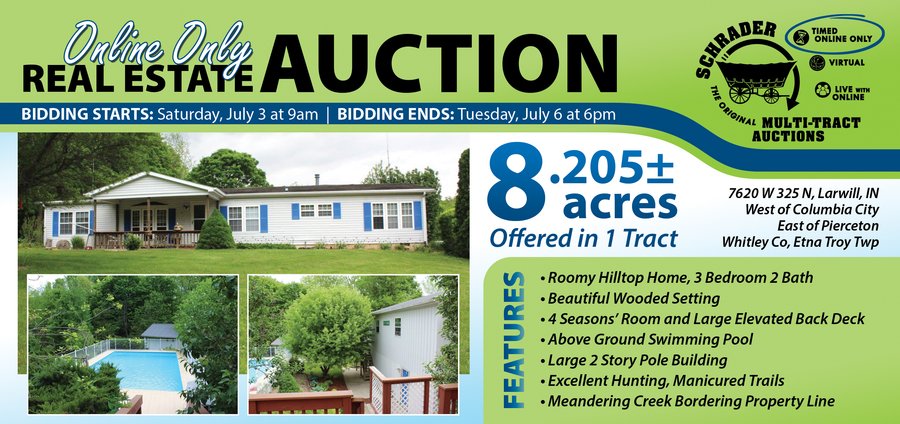 TIMED ONLINE ONLY - REAL ESTATE AUCTION - 8.205 ACRES OFFERED IN 1 TRACT IN WHITLEY COUNTY, INDIANA