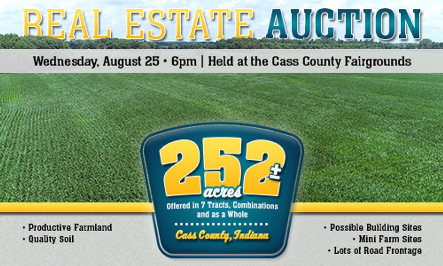 LAND AUCTION - 252+/- ACRES OFFERED IN 7 TRACTS IN CASS COUNTY, INDIANA