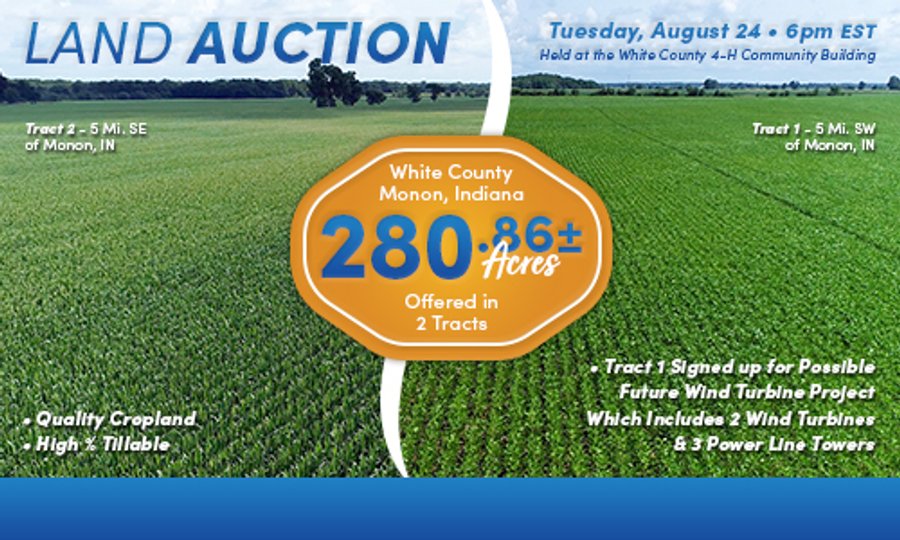 LAND AUCTION - 280.86+/- ACRES OFFERED IN 2 TRACTS IN WHITE COUNTY, INDIANA