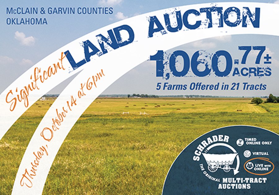 LAND AUCTION - 1060.77+/- ACRES 5 FARMS OFFERED IN 21 TRACTS - McCLAIN AND GARVIN COUNTIES, OKLAHOMA