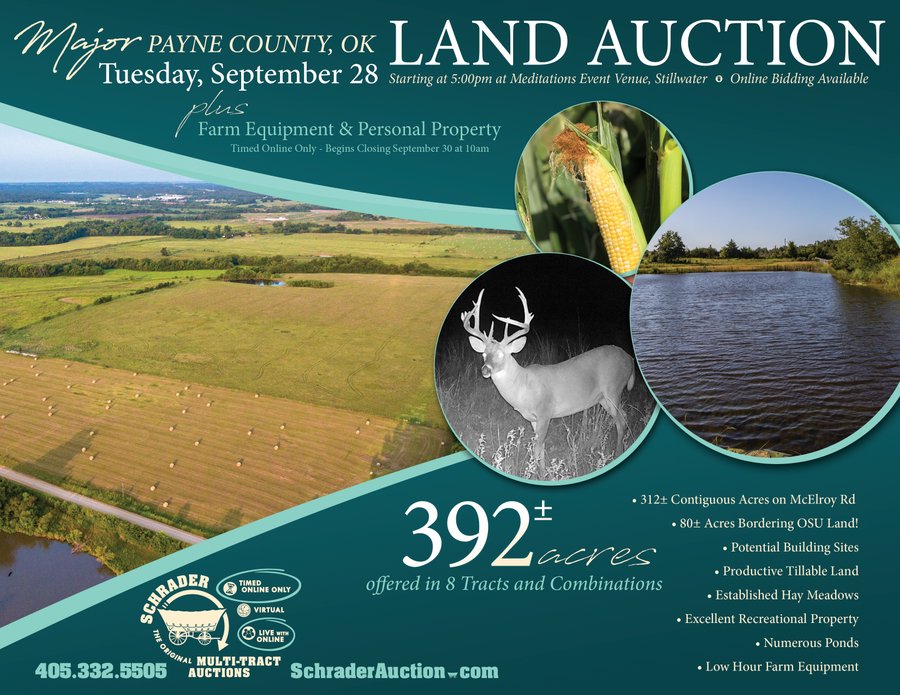 LAND AUCTION - 392 +/- ACRES OFFERED IN 8 TRACTS IN PAYNE COUNTY, OKLAHOMA