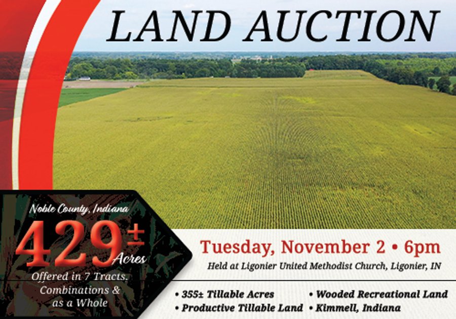 LAND AUCTION - 429+/- ACRES OFFERED IN 7 TRACTS IN NOBLE COUNTY, INDIANA