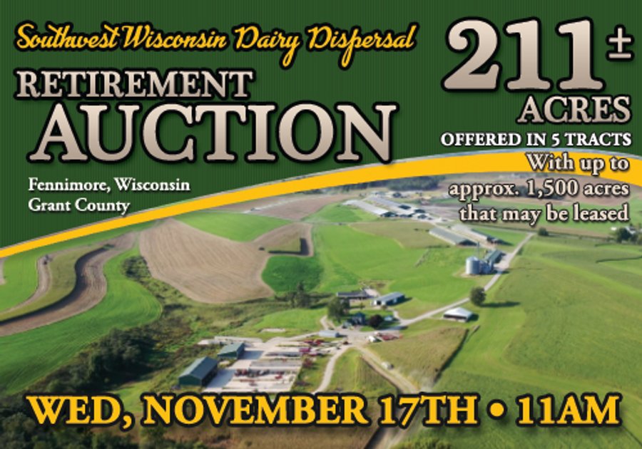 SOUTHWEST WISCONSIN DAIRY DISPERSAL - 211+/- ACRES OFFERED IN 5 TRACTS WITH APPROX. 1500 ACRES THAT MAY BE LEASED. 1550 MILKING COWS/225 DRY COWS/1600 HEIFERS