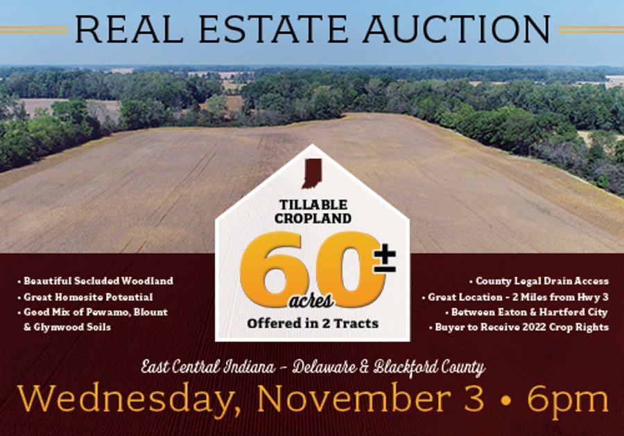 LAND AUCTION - 60+/- ACRES OFFERED IN 2 TRACTS IN DELAWARE AND BLACKFORD COUNTY, INDIANA