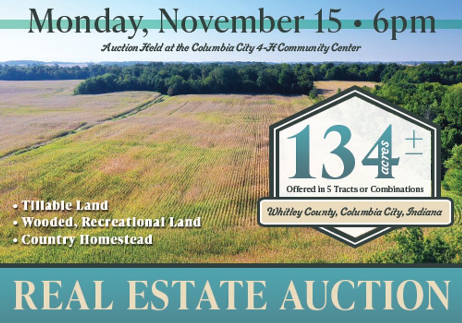 LAND AUCTION - 134+/- ACRES OFFERED IN 5 TRACTS IN WHITLEY COUNTY, INDIANA
