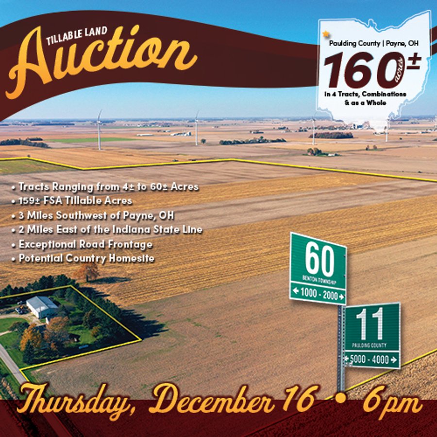 LAND AUCTION - 160+/- ACRES OFFERED IN 4 TRACTS IN PAULDING COUNTY, OHIO