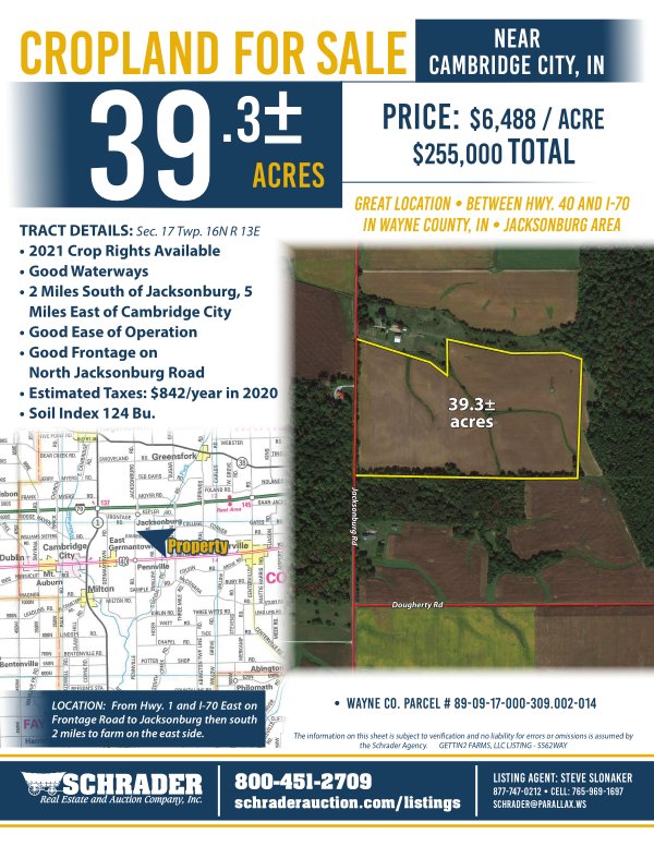 Listing brochure cover - REAL ESTATE FOR SALE - CROPLAND - 39.3+- TOTAL ACRES - WAYNE COUNTY, IN - GREAT LOCATION BETWEEN HWY. 40 & I-70 - JACKSONBURG AREA