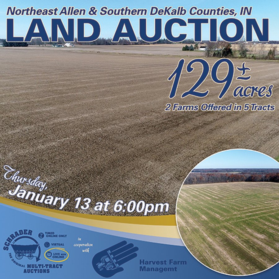 LAND AUCTION - 129+/- ACRES - 2 FARMS / 5 TRACTS - NORTHEAST ALLEN & SOUTHERN DEKALB COUNTIES