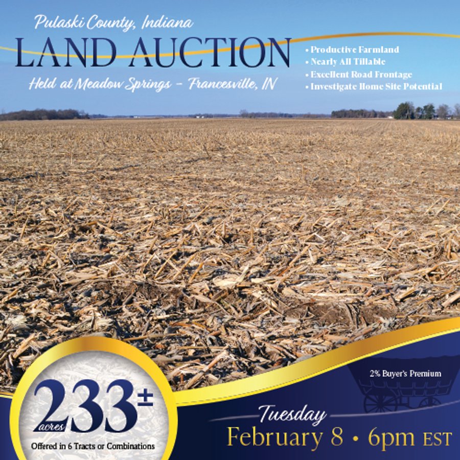 LAND AUCTION - 233+/- ACRES OFFERED IN 6 TRACTS IN PULASKI COUNTY, INDIANA