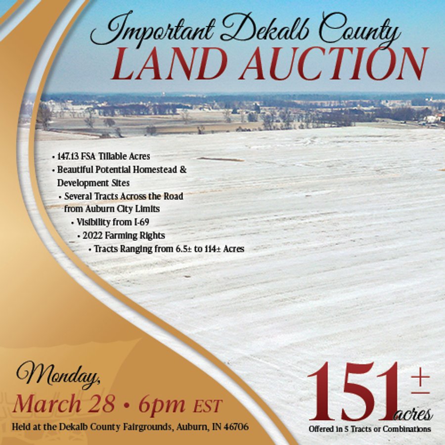 IMPORTANT LAND AUCTION - 151+/- ACRES OFFERED IN 5 TRACTS - DEKALB COUNTY, IN