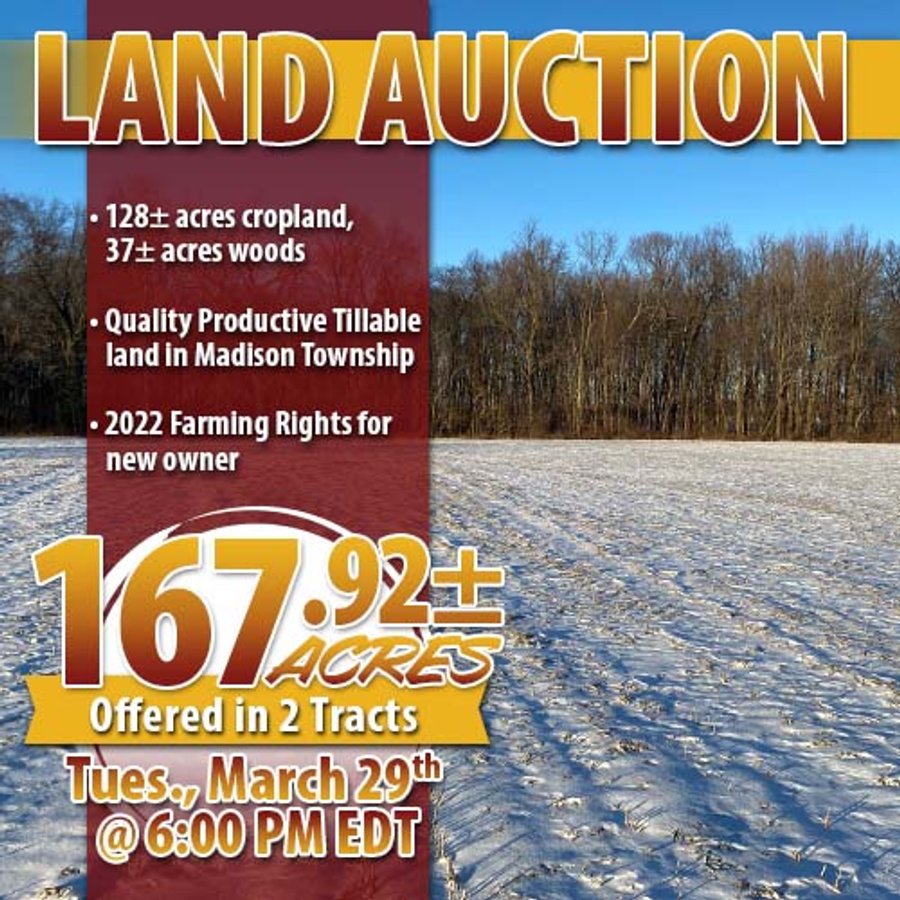 LAND AUCTION - 167.92+/- ACRES OFFERED IN 2 TRACTS - ST. JOSEPH COUNTY, IN