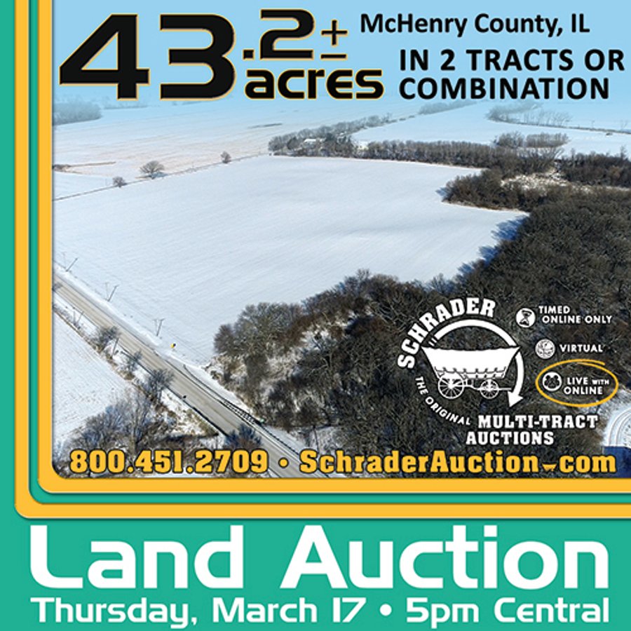 LAND AUCTION 43.2 +/- ACRES OFFERED IN 2 TRACTS OR COMBINATION IN MCHENRY COUNTY, IL