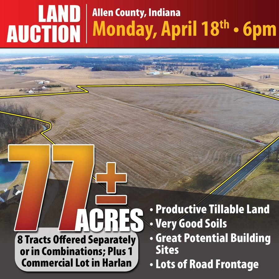LAND AUCTION 77+/- ACRES OFFERED IN 8 TRACTS OR IN COMBINATION; PLUS 1 COMMERCIAL LOT IN HARLAN