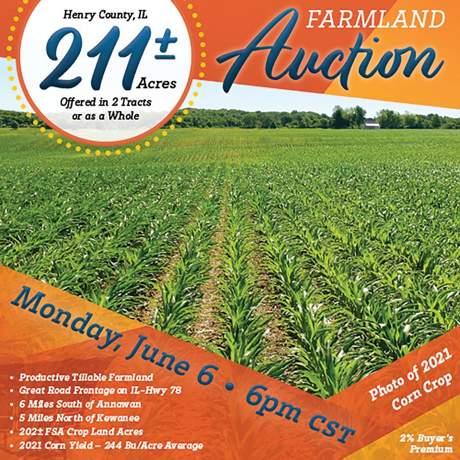 FARMLAND AUCTION 211+/- ACRES OFFERED IN 2 TRACTS OR AS A WHOLE IN HENRY COUNTY, IL