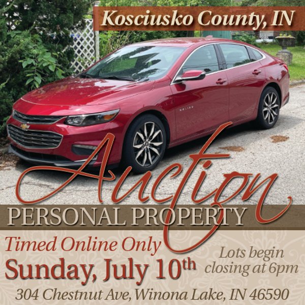 TIMED ONLINE ONLY PERSONAL PROPERTY AUCTION - KOSCIUSKO COUNTY, INDIANA