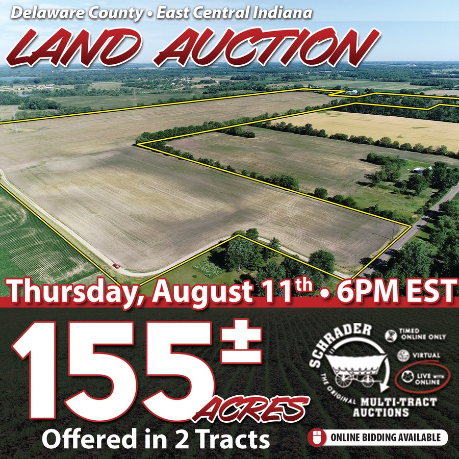 LAND AUCTION 155 +/- ACRES OFFERED IN 2 TRACTS IN DELAWARE COUNTY, IN