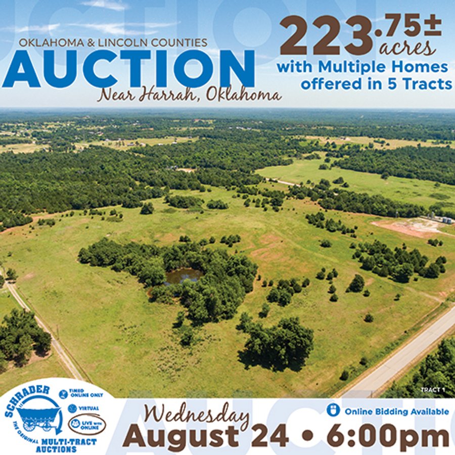 LAND AUCTION - 223.75+/- ACRES WITH MULTIPLE HOMES - OFFERED IN 5 TRACTS IN OKLAHOMA & LINCOLN COUNTIES, OKLAHOMA