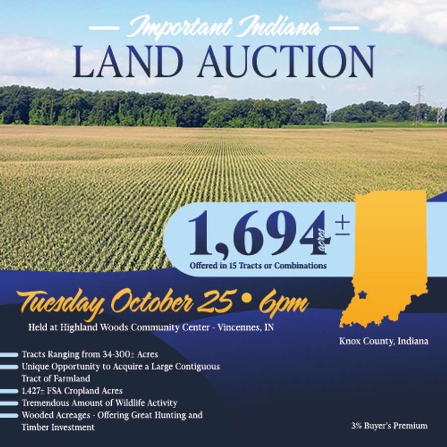 LAND AUCTION - 1,694+/- ACRES OFFERED IN 15 TRACTS IN KNOX COUNTY, INDIANA