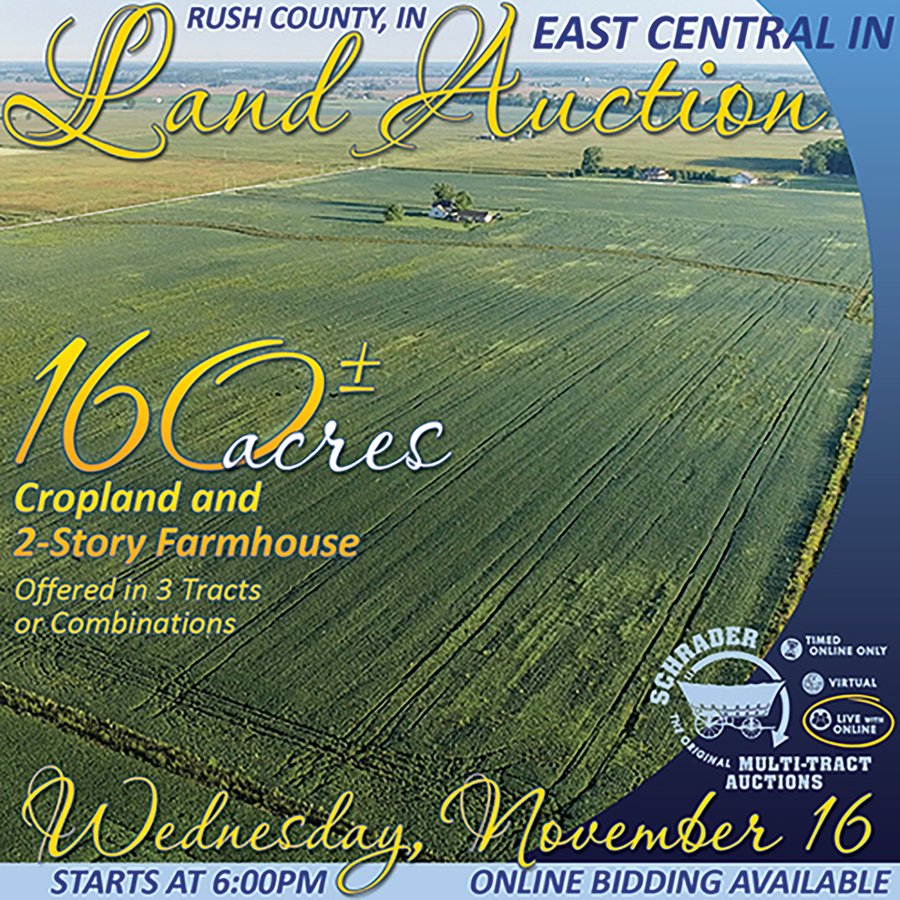LAND AUCTION - 160 +/- ACRES CROPLAND & 2-STORY FARMHOUSE OFFERED IN 3 TRACTS IN RUSH COUNTY, INDIANA