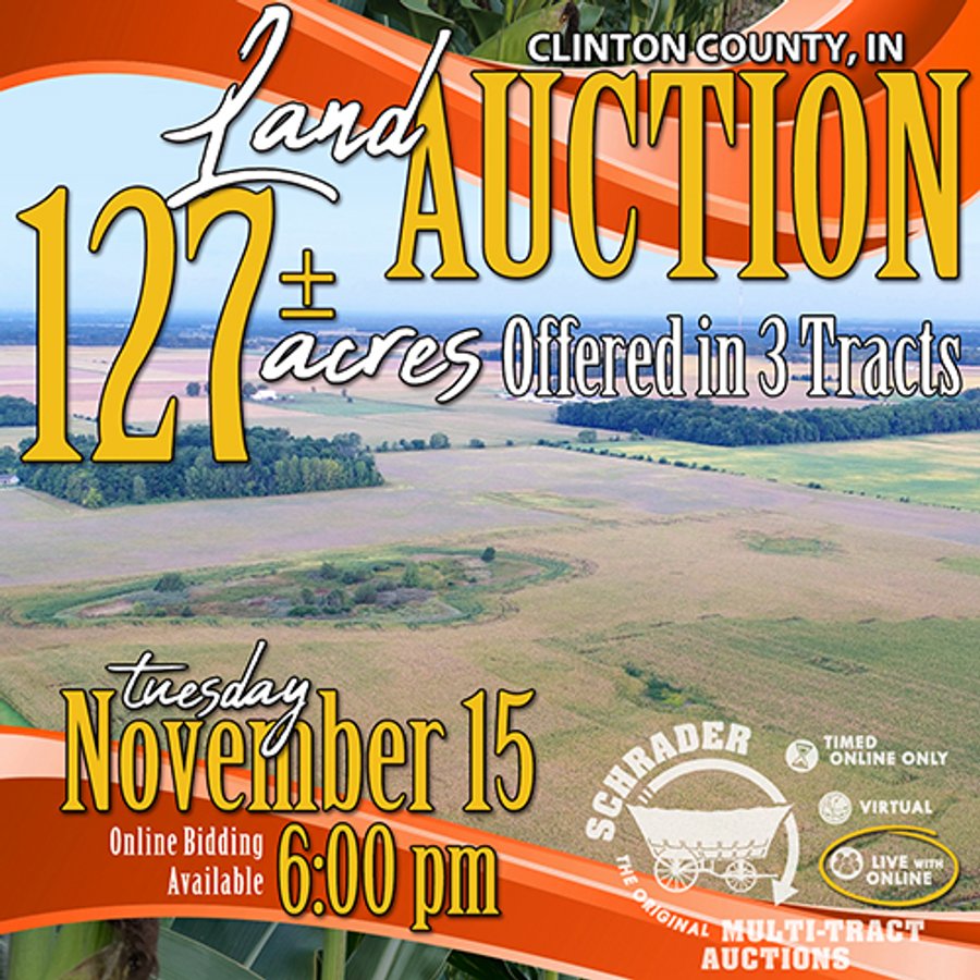 LAND AUCTION 127+/- ACRES OFFERED IN 3 TRACTS IN CLINTON COUNTY, INDIANA