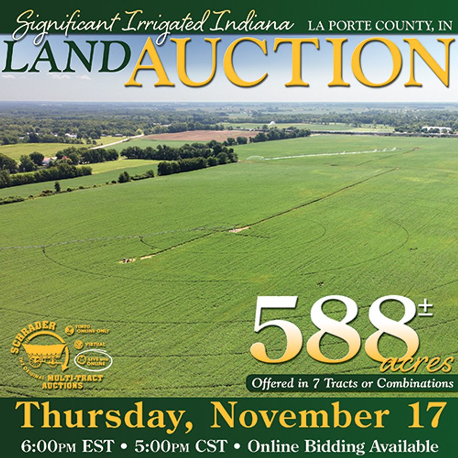 LAND AUCTION 588+/- ACRES SIGNIFICANT IRRIGATED FARMLAND OFFERED IN 7 TRACTS OR COMBINATIONS - LAPORTE COUNTY, INDIANA