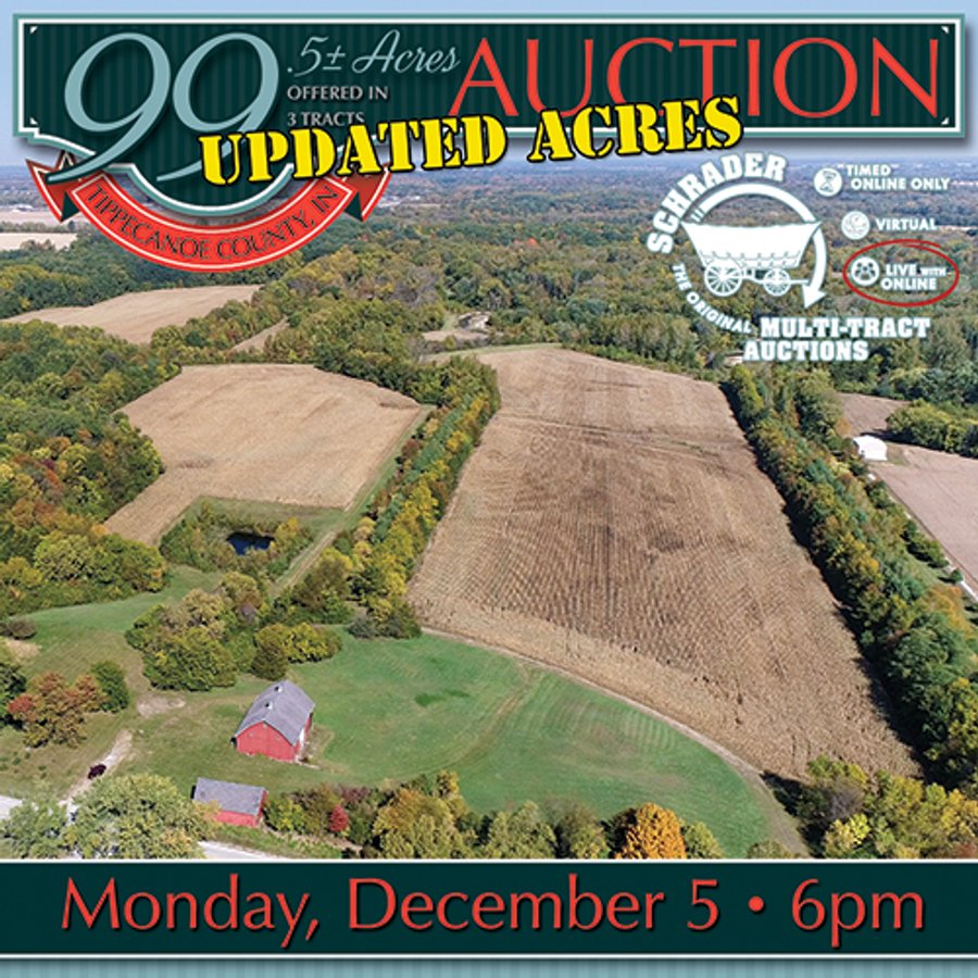 LAND AUCTION 99.5+/- ACRES IN 3 TRACTS - TIPPECANOE COUNTY, INDIANA **UPDATED TRACT MAP AND ACRES**