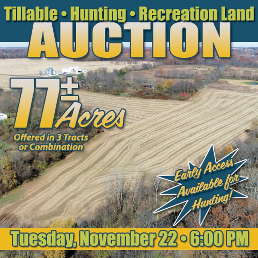 LAND AUCTION - 77+/- ACRES OFFERED IN 3 TRACTS IN NOBLE COUNTY, INDIANA